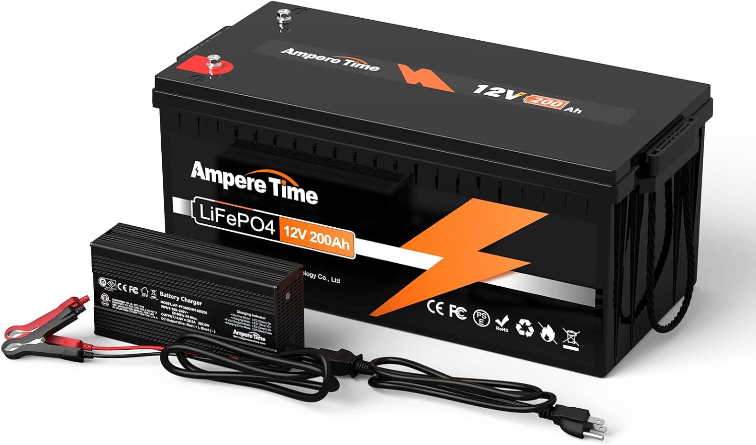 Ampere Time 12V 200Ah LiFePO4 Battery with 100A BMS and Charger W77428