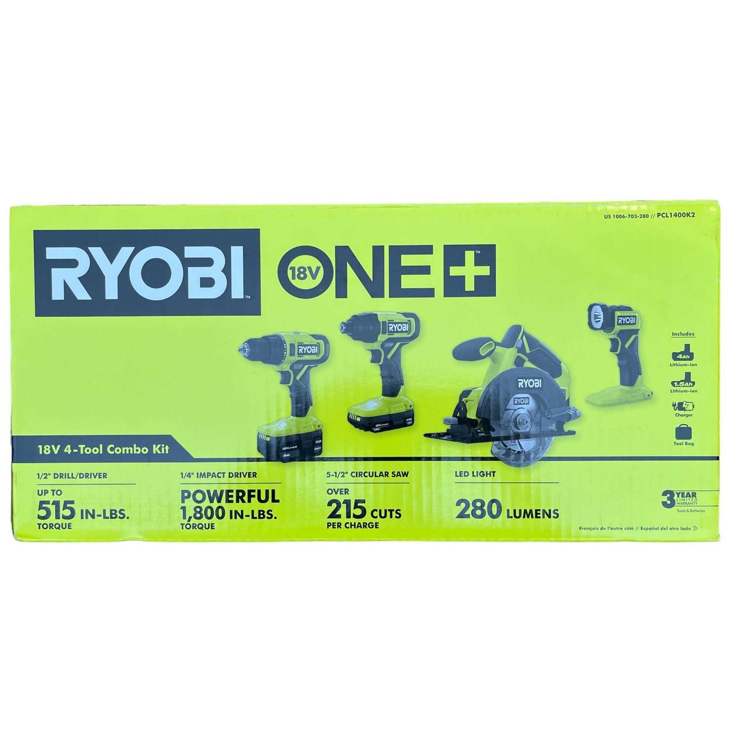 Ryobi Pcl1400k2 One+ 18V Cordless 4-Tool Combo Kit with 1.5 Ah Battery, 4.0 Ah Battery, and Charger - Shop Hardware Tools Online Store