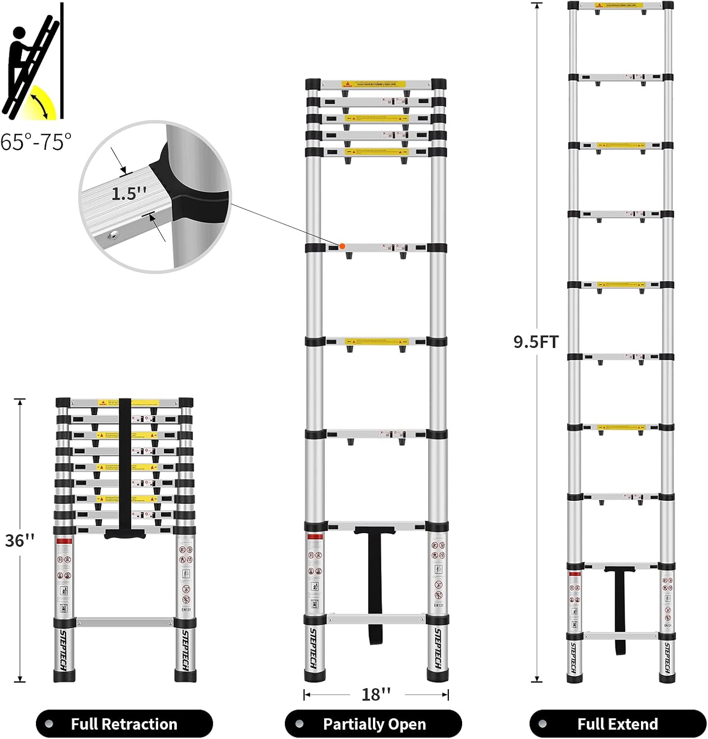 STEPTECH Telescoping Ladder 9.5 ft Aluminum Anti-Pinch Collapsible U494
