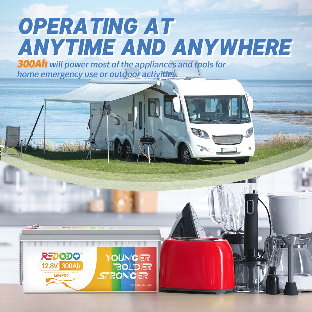 Redodo 12V 300Ah LiFePO4 Battery with 200A BMS for RV and Home L353159