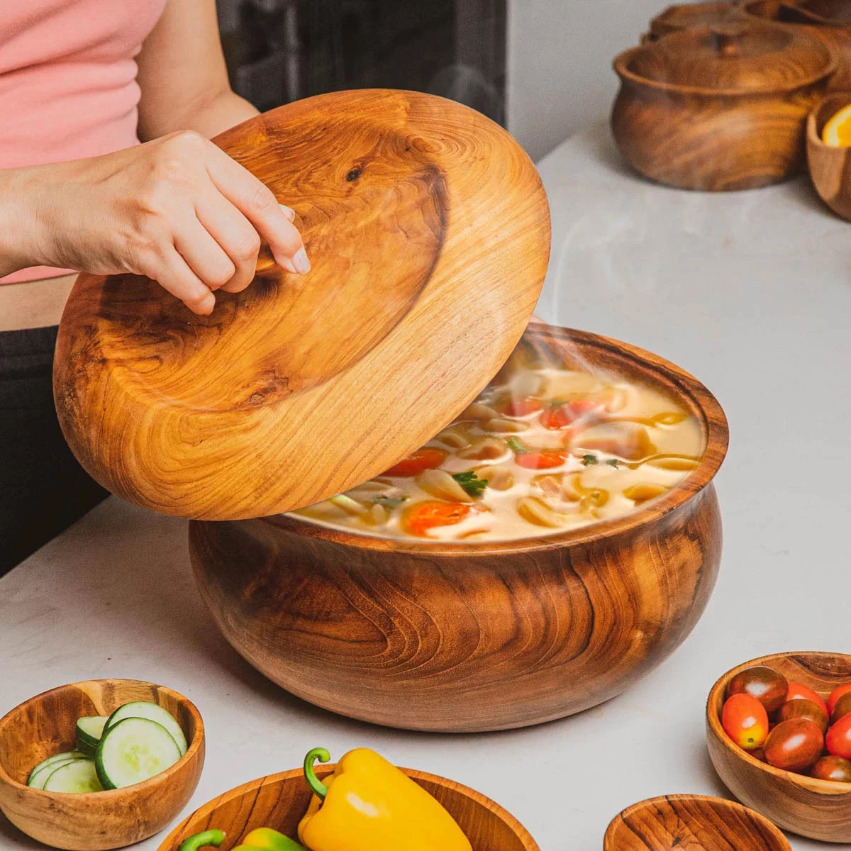 Ripple Teak Wood Salad Serving Bowl with Lid O287091