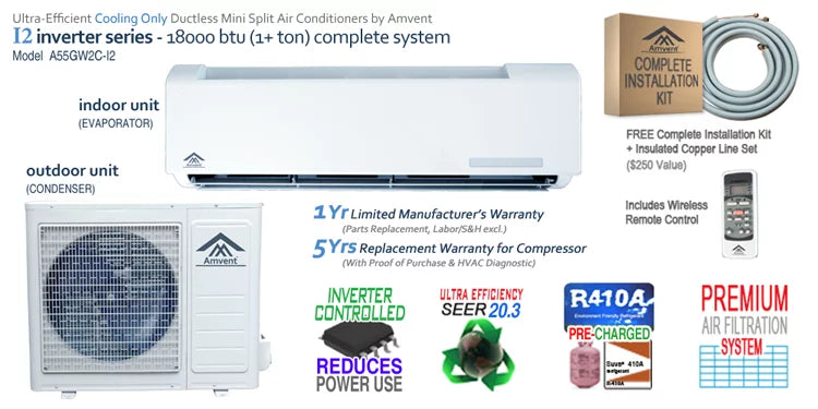 Amvent 18000 BTU Inverter Mini Split Air Conditioner with 25ft Installation Kit J181977