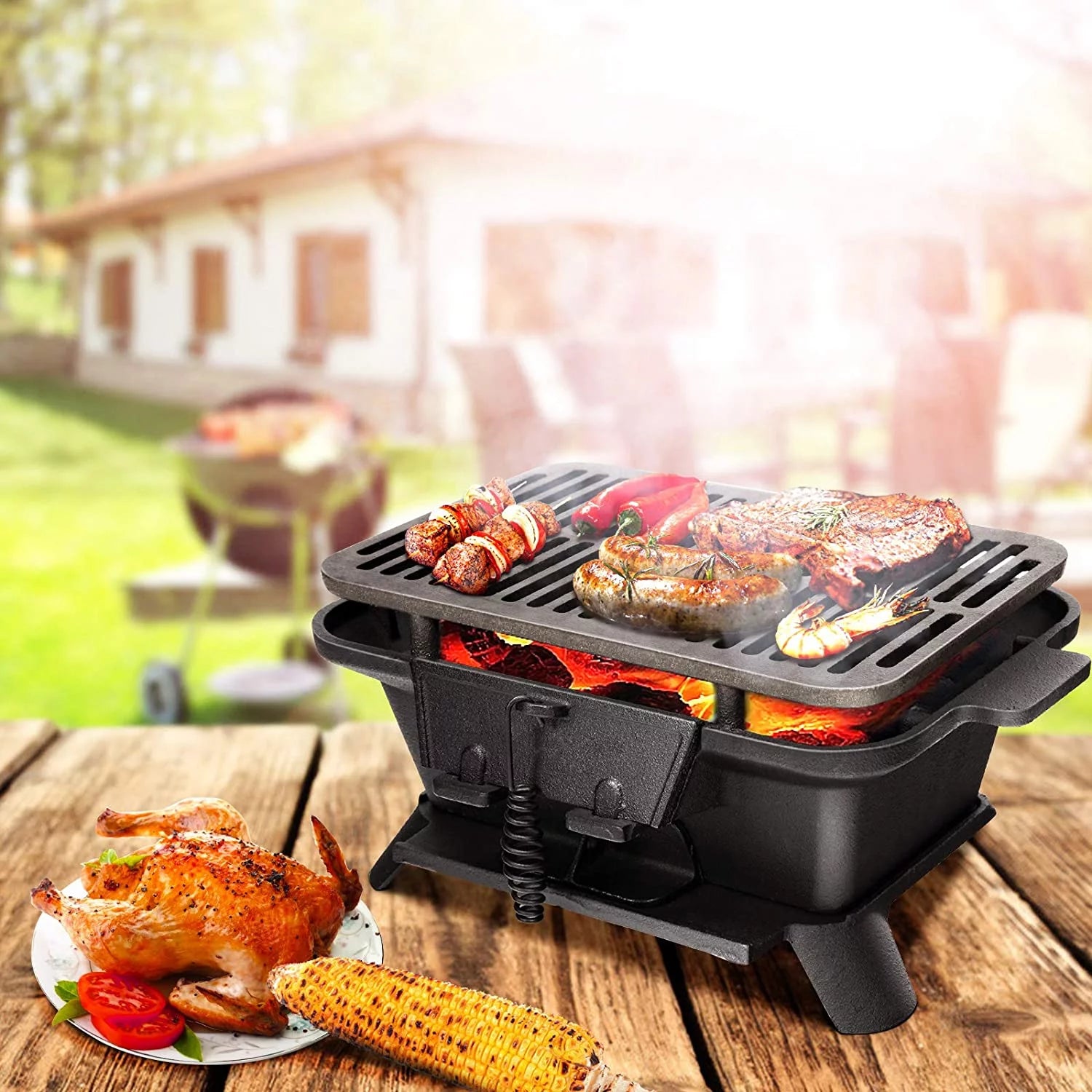 Charcoal Hibachi Grill, Portable Cast Iron Double-Sided BBQ Grill P89721