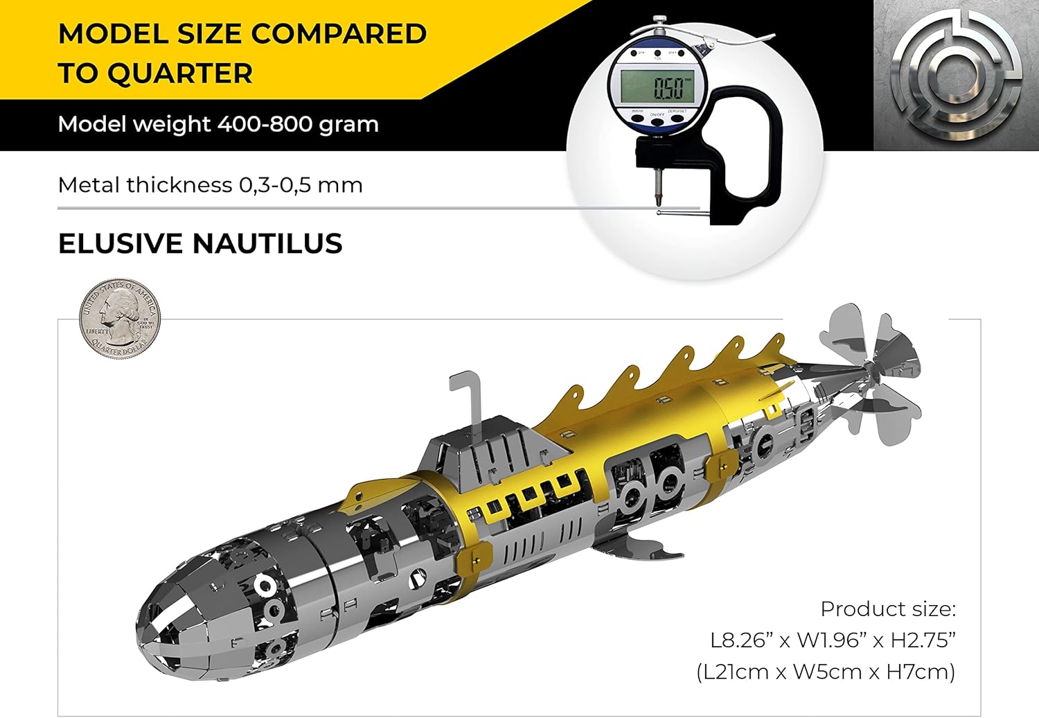METAL-TIME Elusive Nautilus Submarine 3D Metal Mechanical Model Building Kit, Stainless Steel Puzzle, 91 Pieces, Pack of 2 U4750