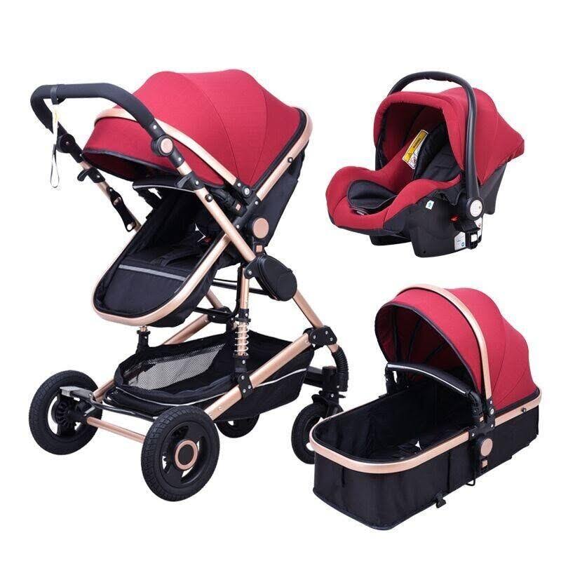 (Romantic Red) High Landscape Baby Stroller 3 in 1 Stroller Multifunctional Car