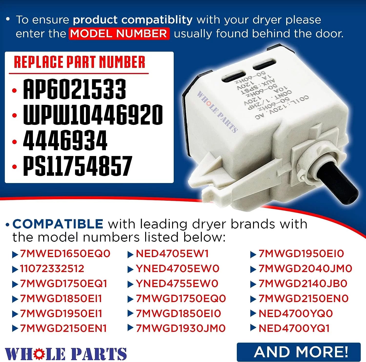 Dryer Start Switch Part W10446920 for Amana, Inglis, Kenmore, Whirlpool W87647