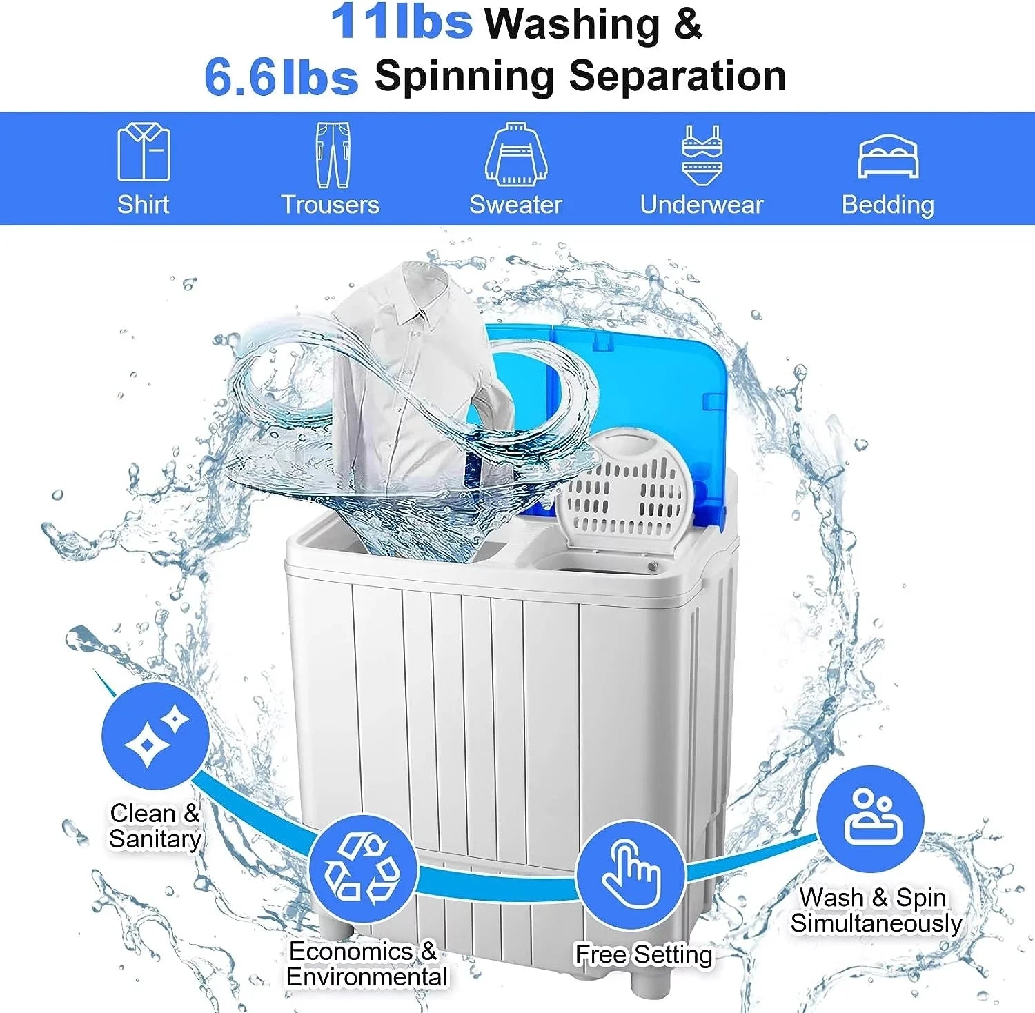 Qhomic Mini Washing Machine 11lbs Washer & 6.6lbs Spin Dryer Combo G771