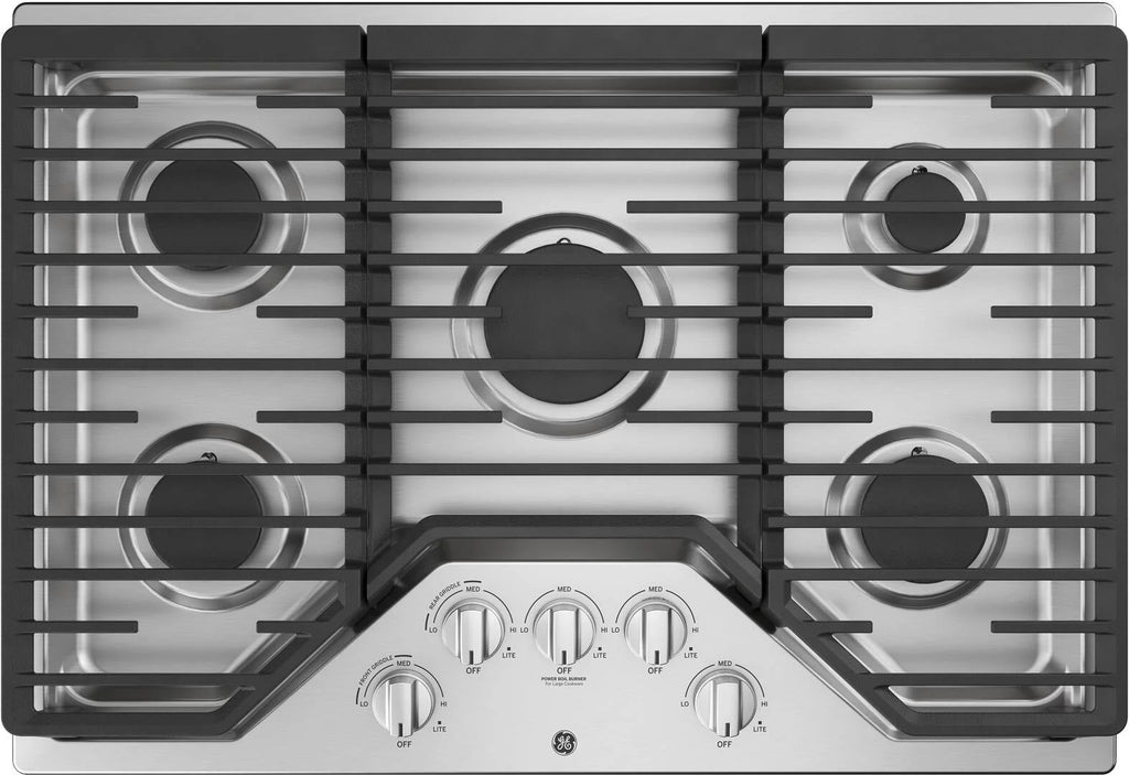 GE® 30" Built-In Gas Cooktop with 5 burners model JGP5030SLSS in Stainless Steel.