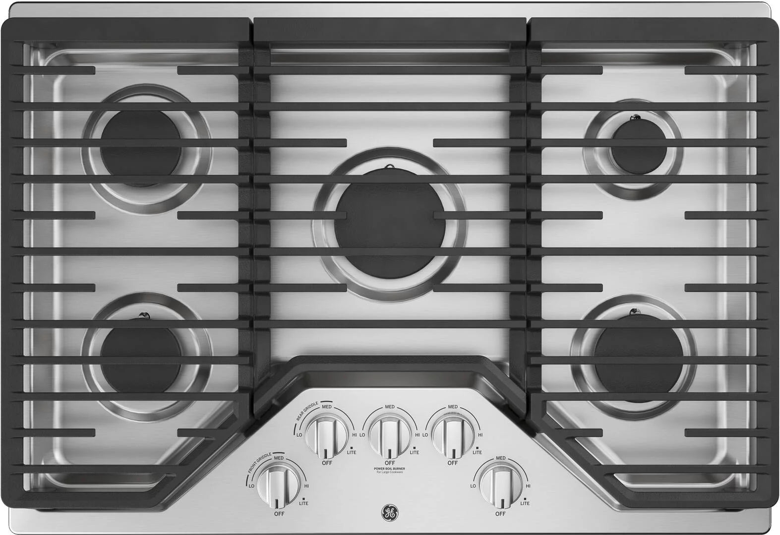 GE® 30" Built-In Gas Cooktop with 5 burners model JGP5030SLSS in Stainless Steel.