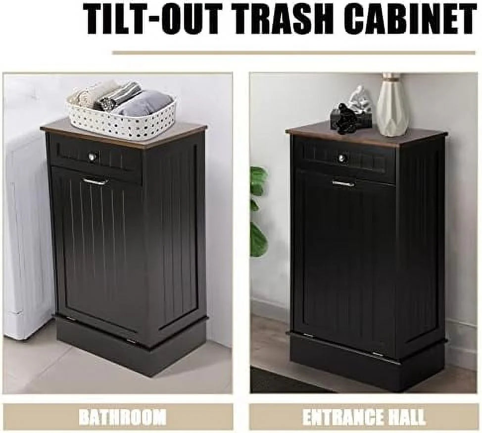 TJUNBOLIFE Free-Standing Tilt Out Trash Bin with Drawer, Grey F503272