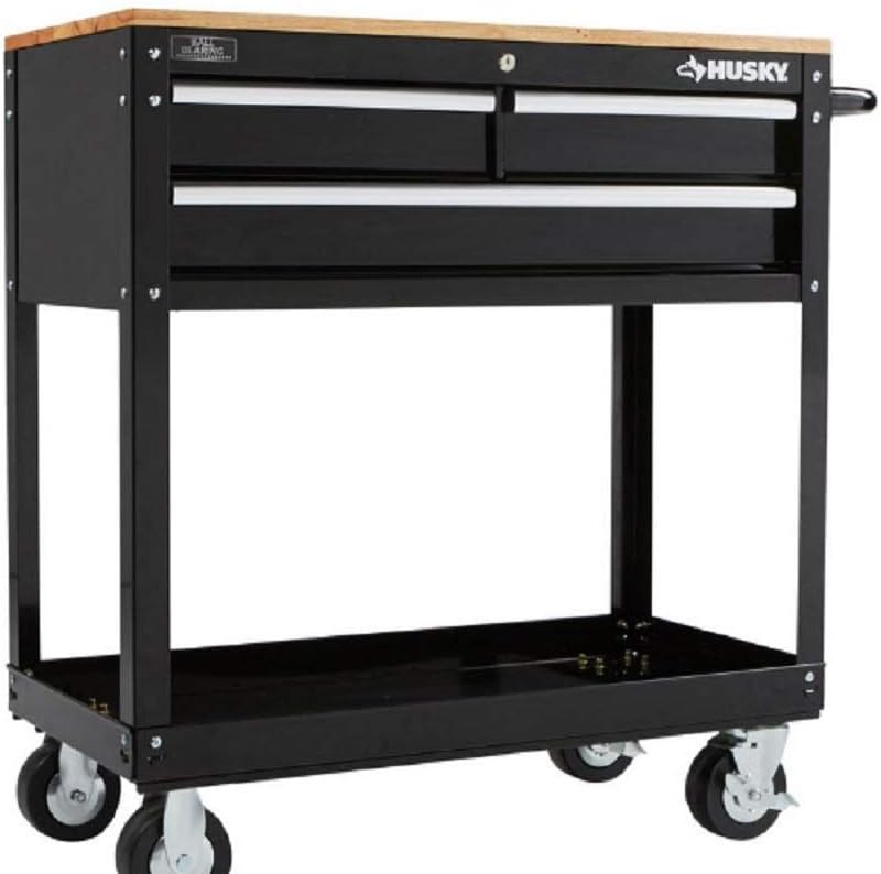 Husky 36 in. 3-Drawer Rolling Tool Cart with Wood Top, Black Y6773