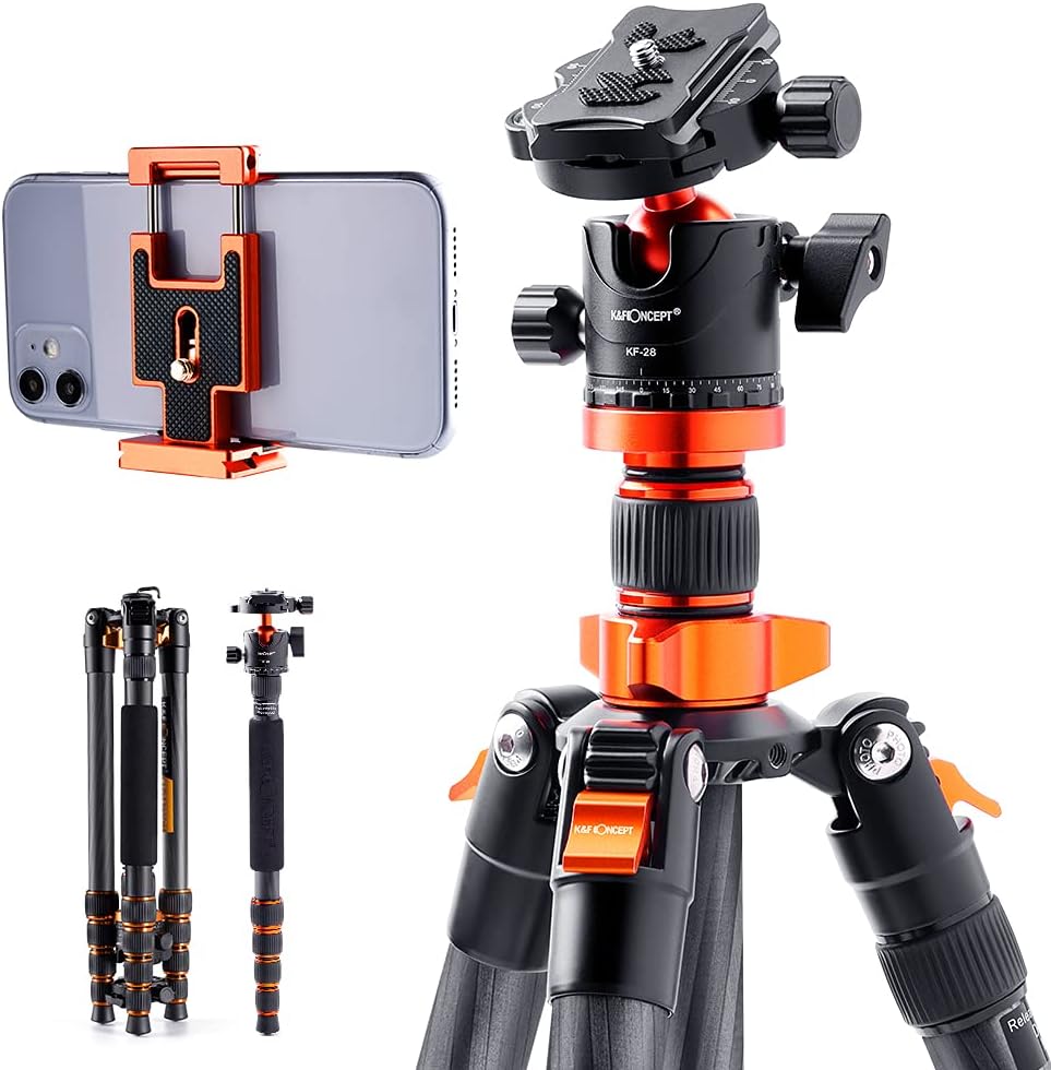 K&F Concept 68" Carbon Fiber Camera Tripod,Compact Tripods with Metal Ball Head,Quick Release Plate,Detachable Monopod 10KG Load for DSLR (SA255C1) D255C4+BH-28L 2-in-1 Quick Release Plate Kits