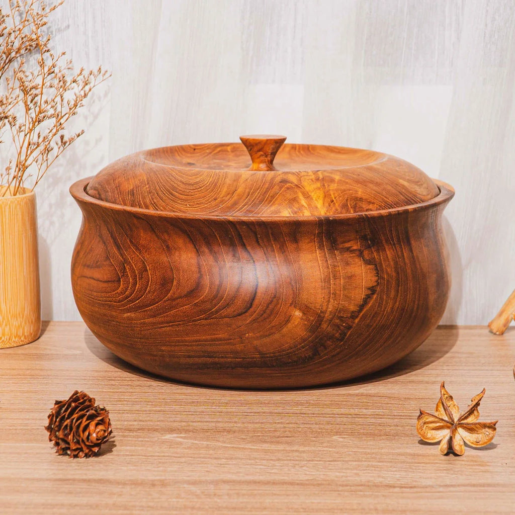 Ripple Teak Wood Salad Serving Bowl with Lid O287091