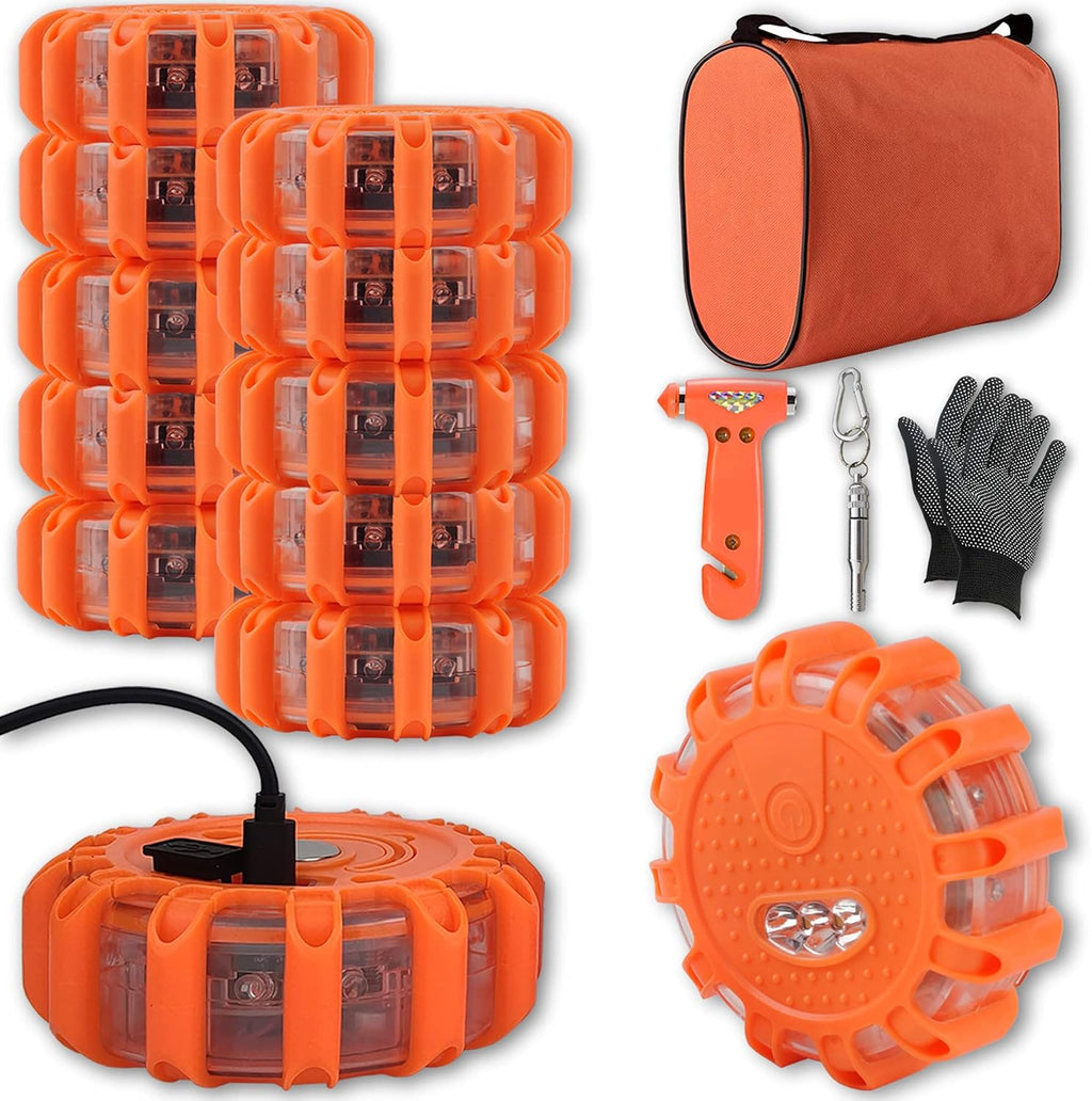 USB Rechargeable LED Road Flares Car Emergency Kit-Roadside Safety Discs Car Warning Safety Beacon Flashing Flares Kit Magnetic Hazard Lights with Window Breaker, Survival Whistle for Vehicles(12)