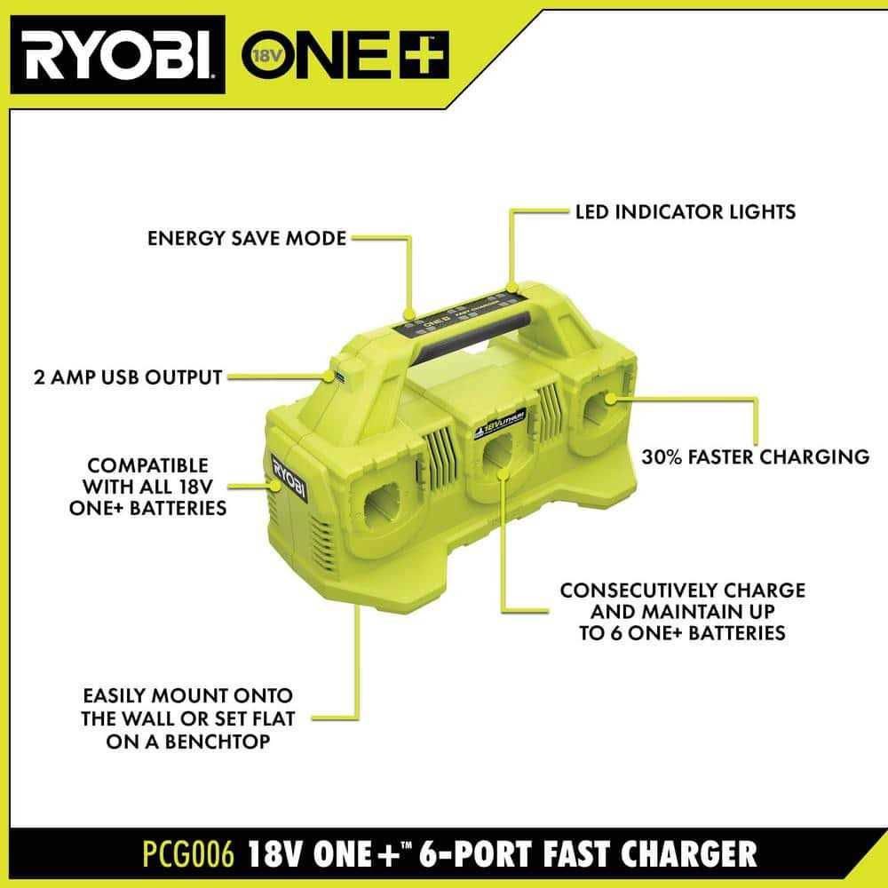 RYOBI ONE+ 18V 2.0 Ah Compact Battery with 6-Port Charger P298