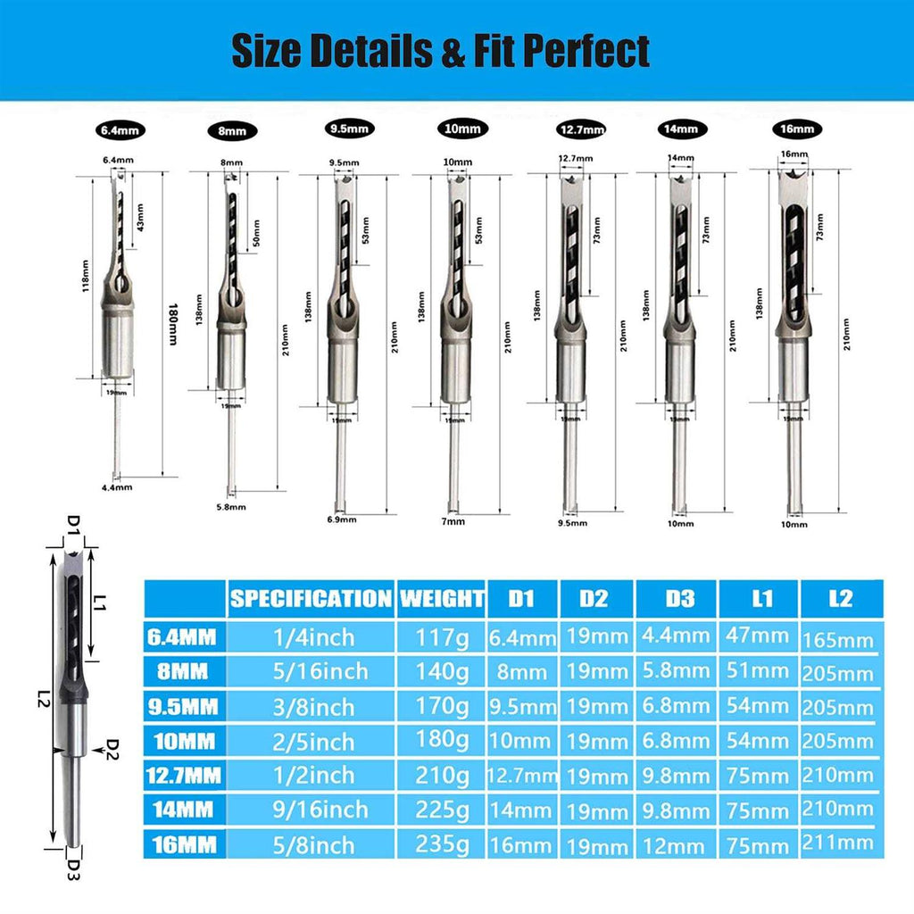 Cdiytool Woodworking Square Hole Mortising Chisel Set for Drill Press H977860