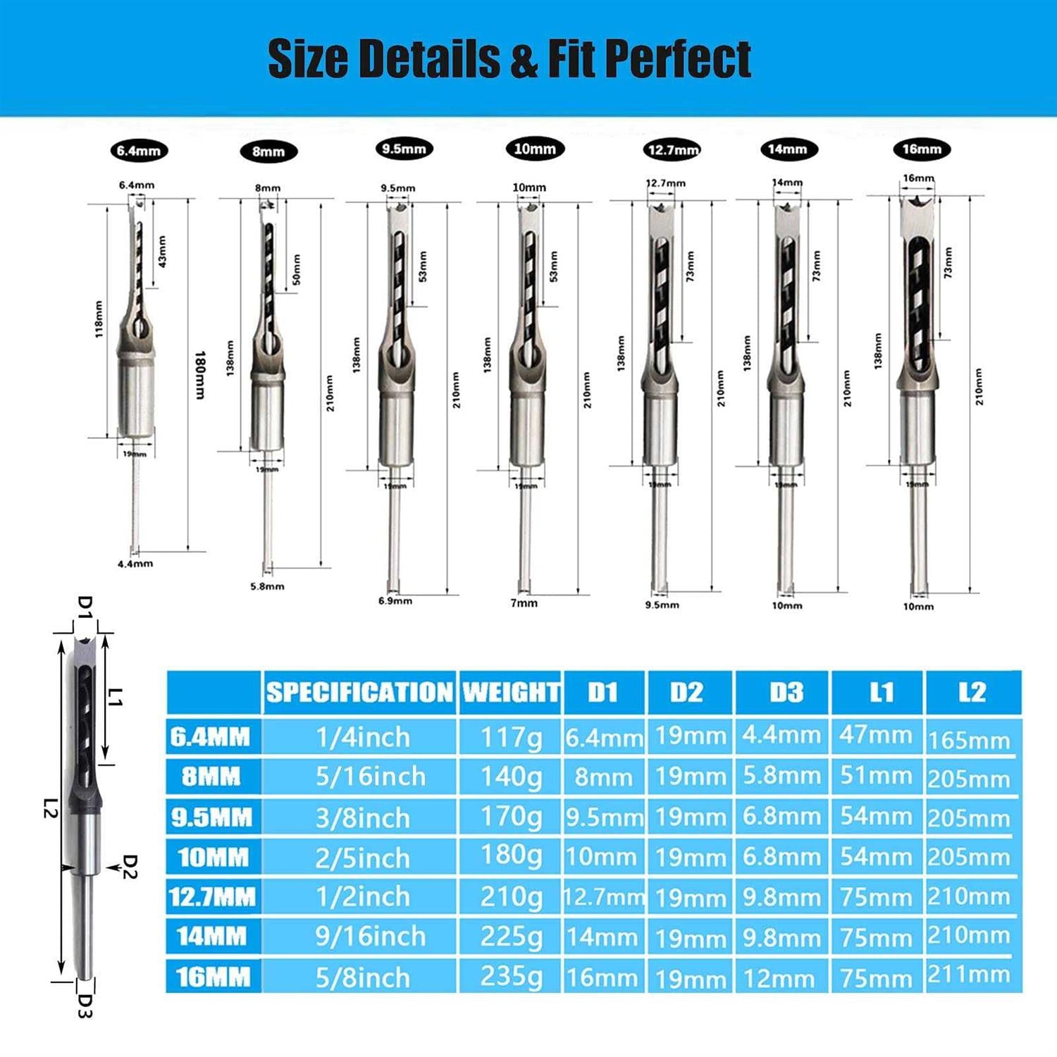 Cdiytool Woodworking Square Hole Mortising Chisel Set for Drill Press H977860