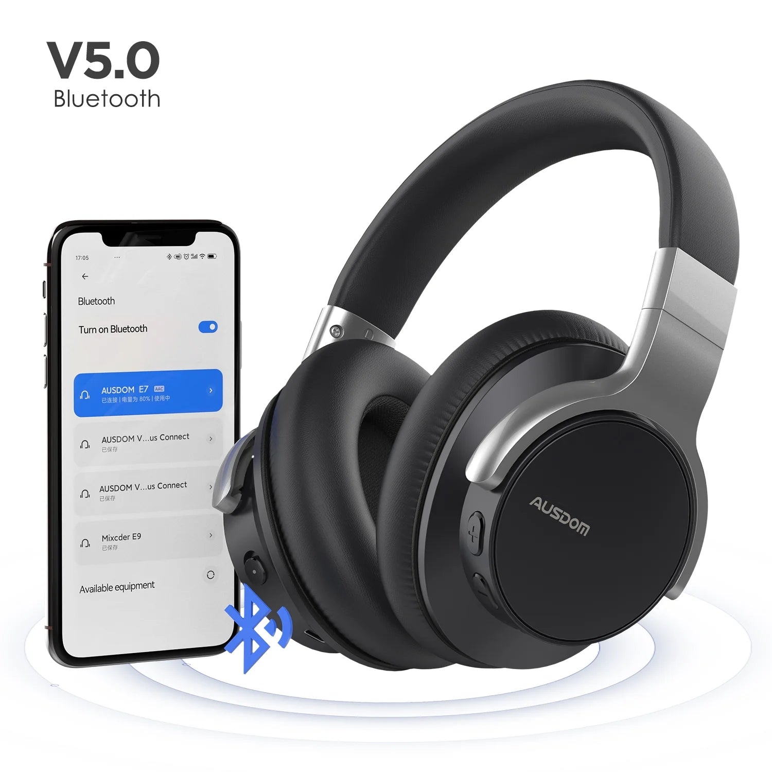 AUSDOM E7 Active Noise Cancelling Wireless Over Ear Headphones with Mic, Black D162