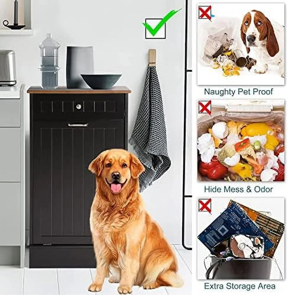 TJUNBOLIFE Free-Standing Tilt Out Trash Bin with Drawer, Grey F503272