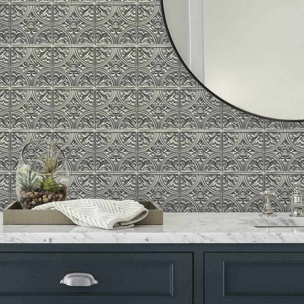 RoomMates Silver Tin Peel and Stick Tile Backsplash G90583