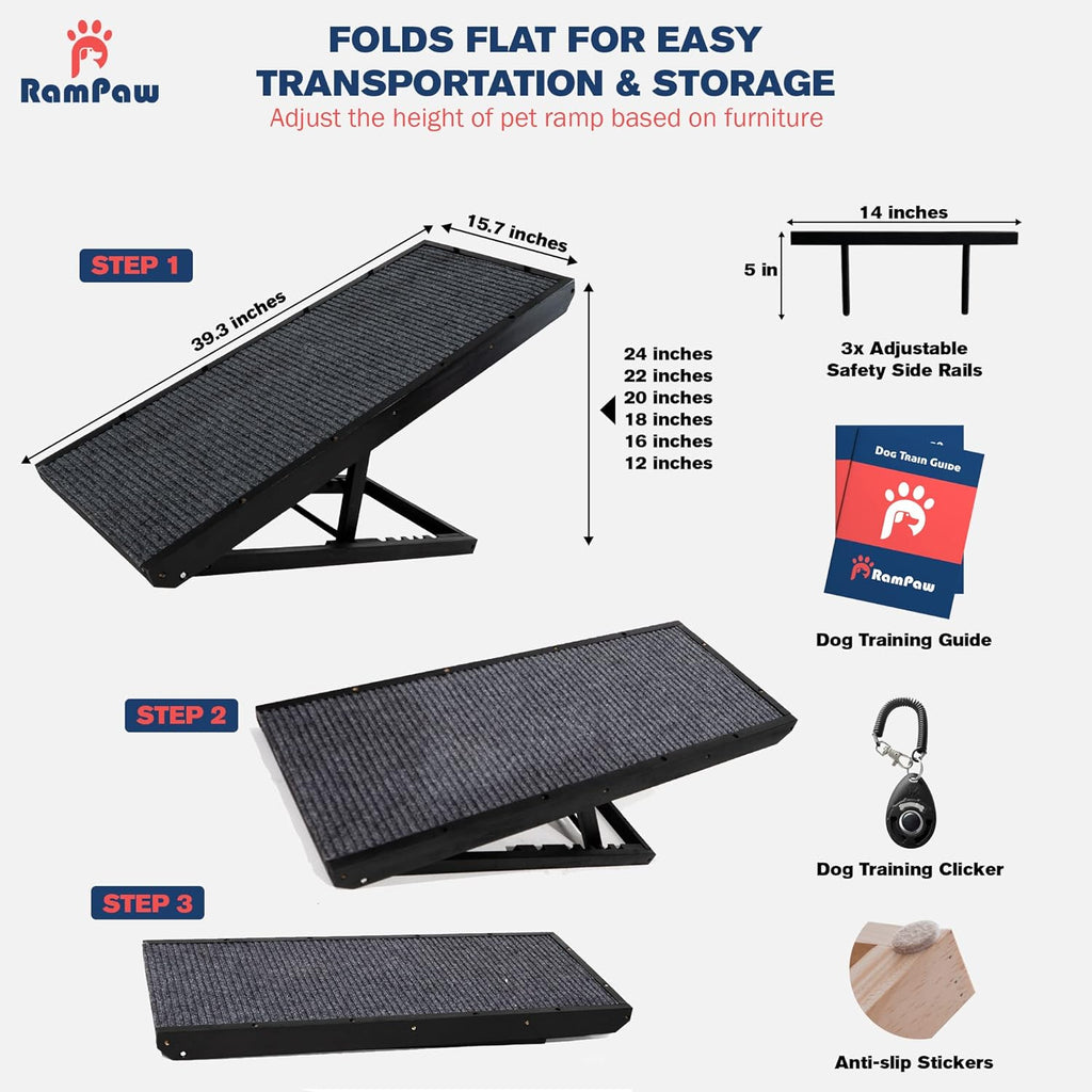Rampaw Adjustable Pet Ramp for Small Dogs and Cats, Non-Slip, 12 to 24 in, Black, Pack of 2 F1932