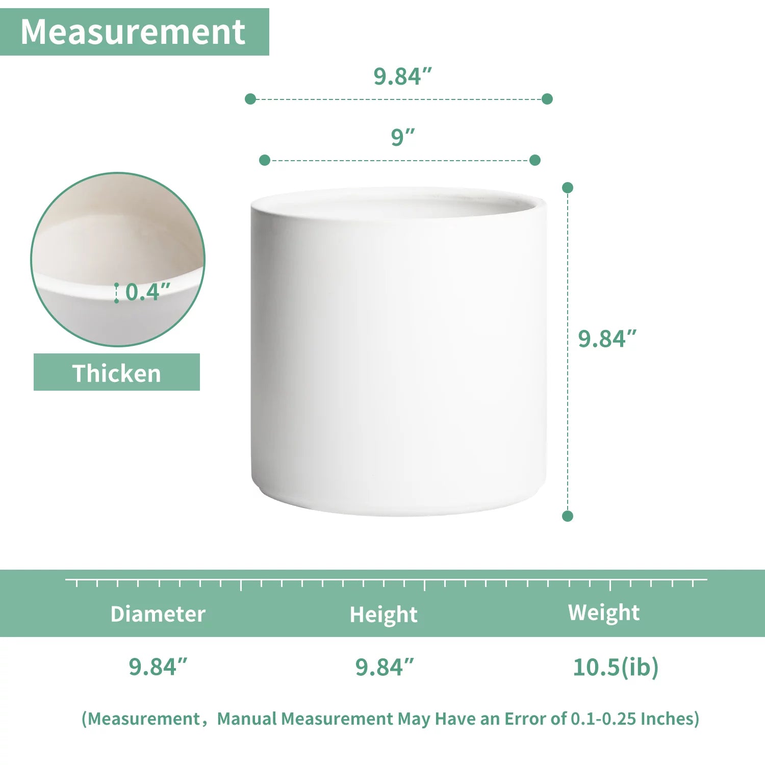 Mozing Ceramic Plant Pot 10x10 inch White with Drainage Hole K6693