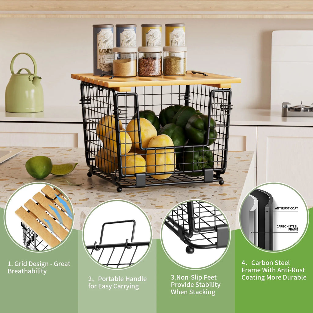 TINANA Stackable Fruit Baskets with Bamboo Top, 2 Pack, Black W1664