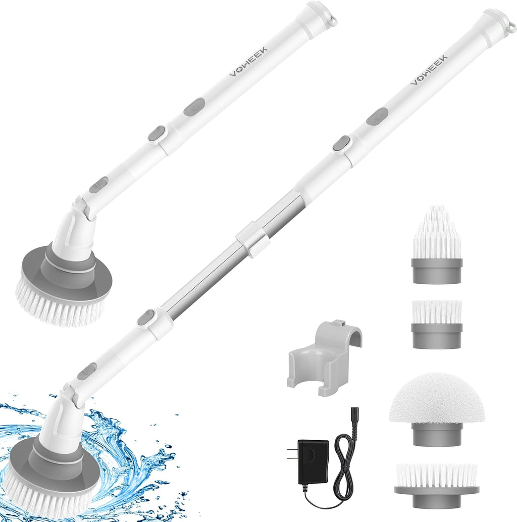 Electric Spin Scrubber, Voweek Cordless Cleaning Brush with Adjustable Extension Arm 4 Replaceable Cleaning Heads, Power Shower Scrubber for Bathroom, Tub, Tile, Floor Pack of 2