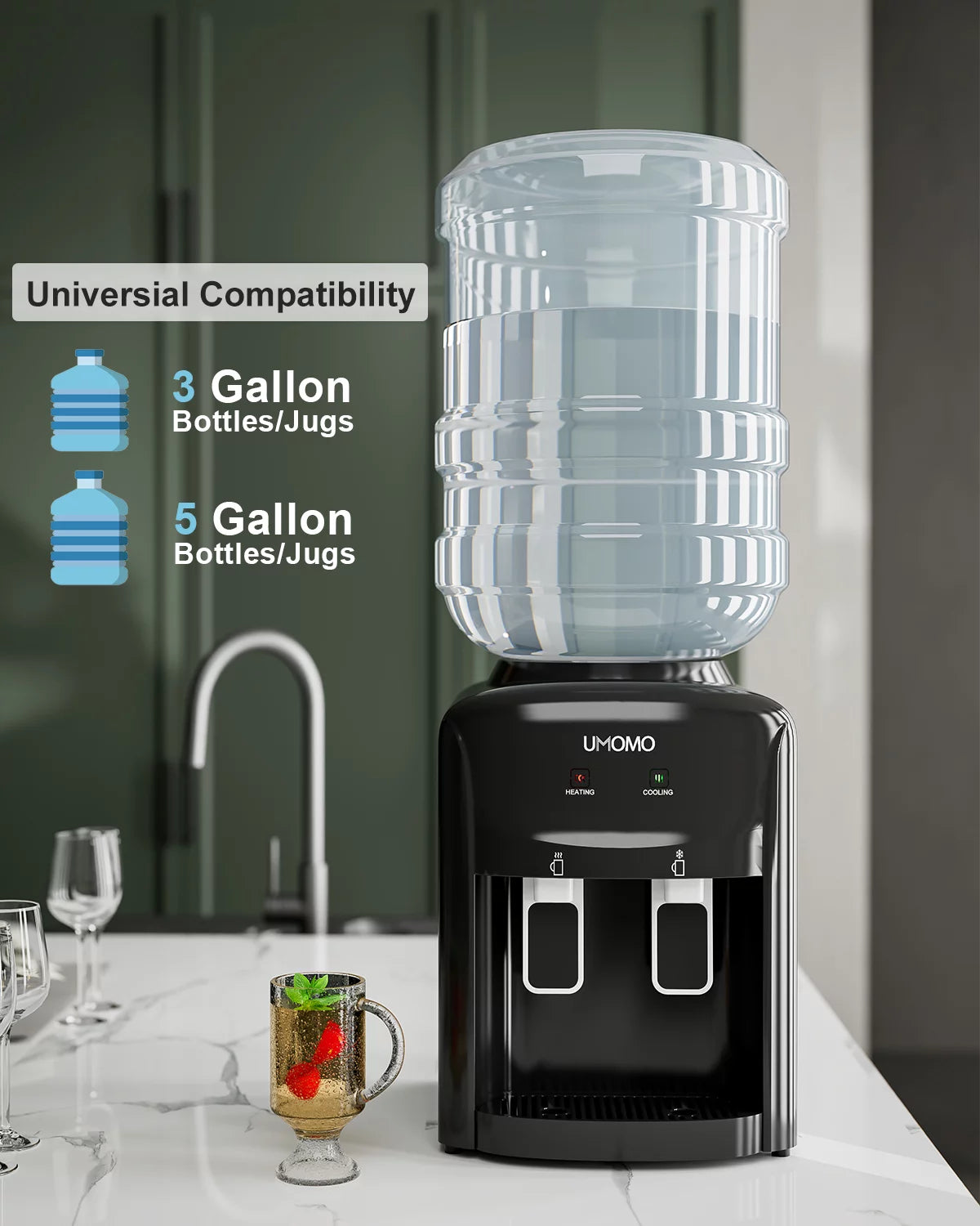UMOMO Top Loading Water Cooler Dispenser for Home and Office, Hot & Cold, 3 or 5 Gallon, Black F9017