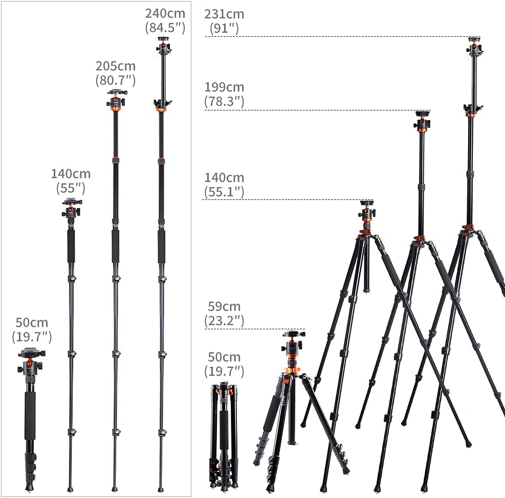 K&F Concept 78 inch DSLR Camera Tripod with Magnesium Alloy Center Column and Extension Arm Kit B604