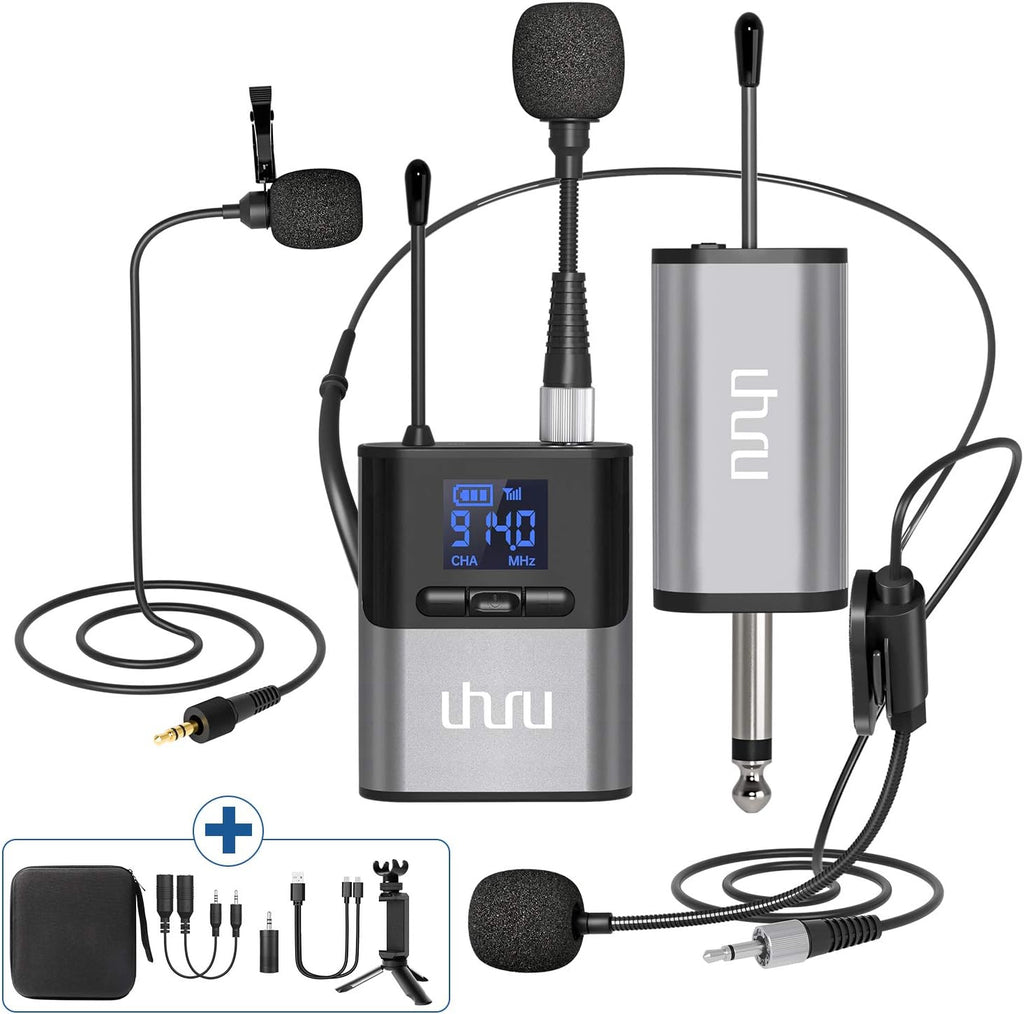 Wireless Lavalier Microphone, UHURU 3 in 1 Wireless Microphone, Bodypack Transmitter & Receiver Powered 2 x AAA Batteries for Preaching, Teaching, Video Recording, etc. Pack of 2