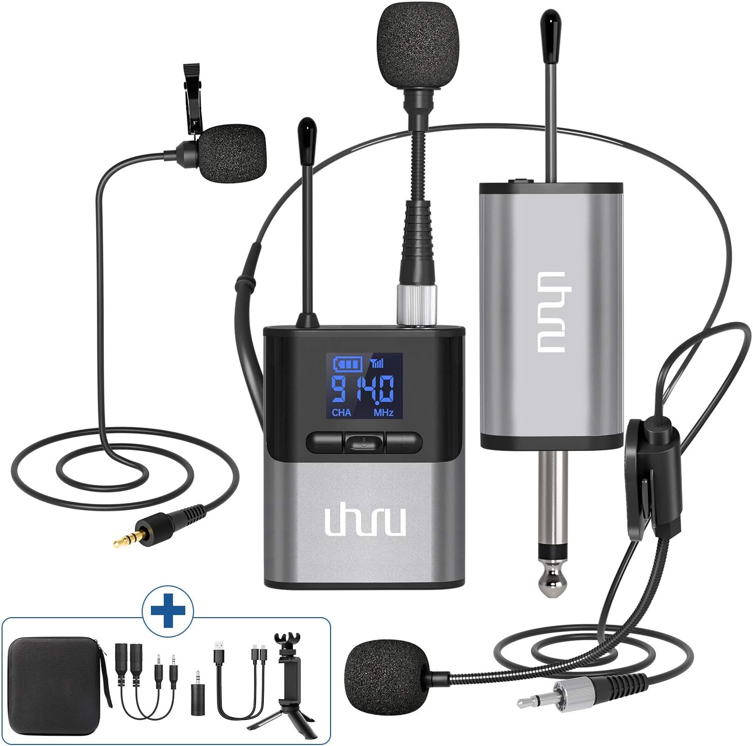 Wireless Lavalier Microphone, UHURU 3 in 1 Wireless Microphone, Bodypack Transmitter & Receiver Powered 2 x AAA Batteries for Preaching, Teaching, Video Recording, etc. Pack of 2