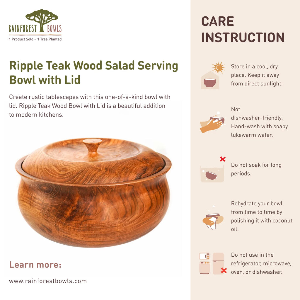 Ripple Teak Wood Salad Serving Bowl with Lid O287091