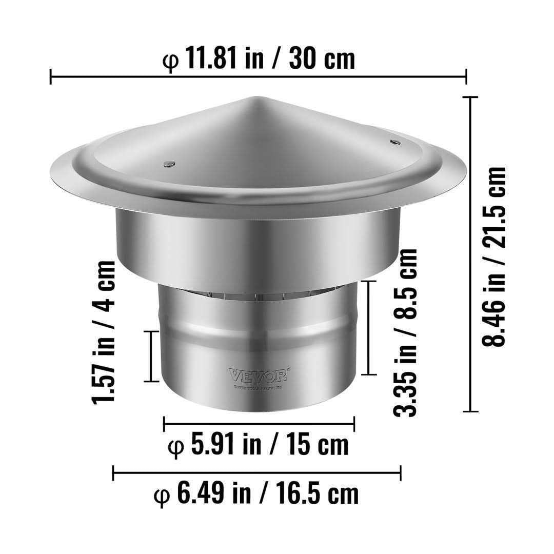 VEVOR Chimney Cap 6 inch 304 Stainless Steel Round Roof Rain Cap L3145