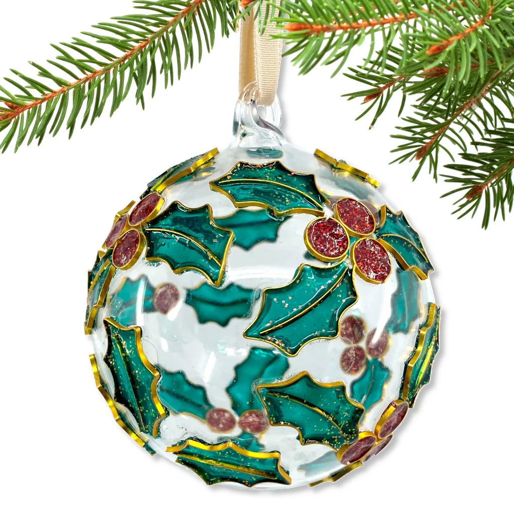 THE JOY TREE Cloisonne Holly Glass Ball Ornament A4097