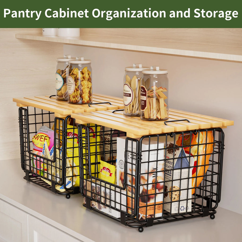 TINANA Stackable Fruit Baskets with Bamboo Top, 2 Pack, Black W1664