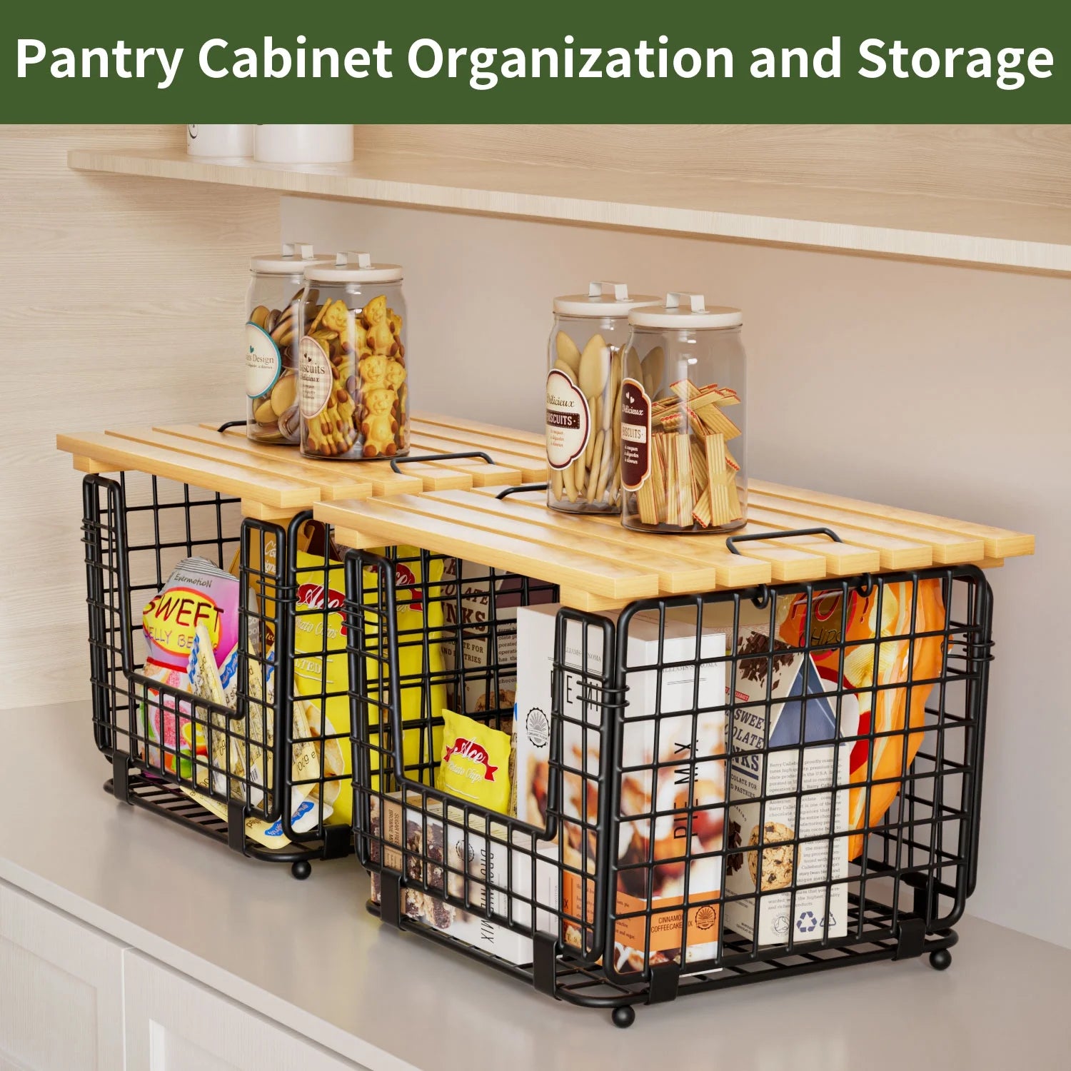TINANA Stackable Fruit Baskets with Bamboo Top, 2 Pack, Black W1664