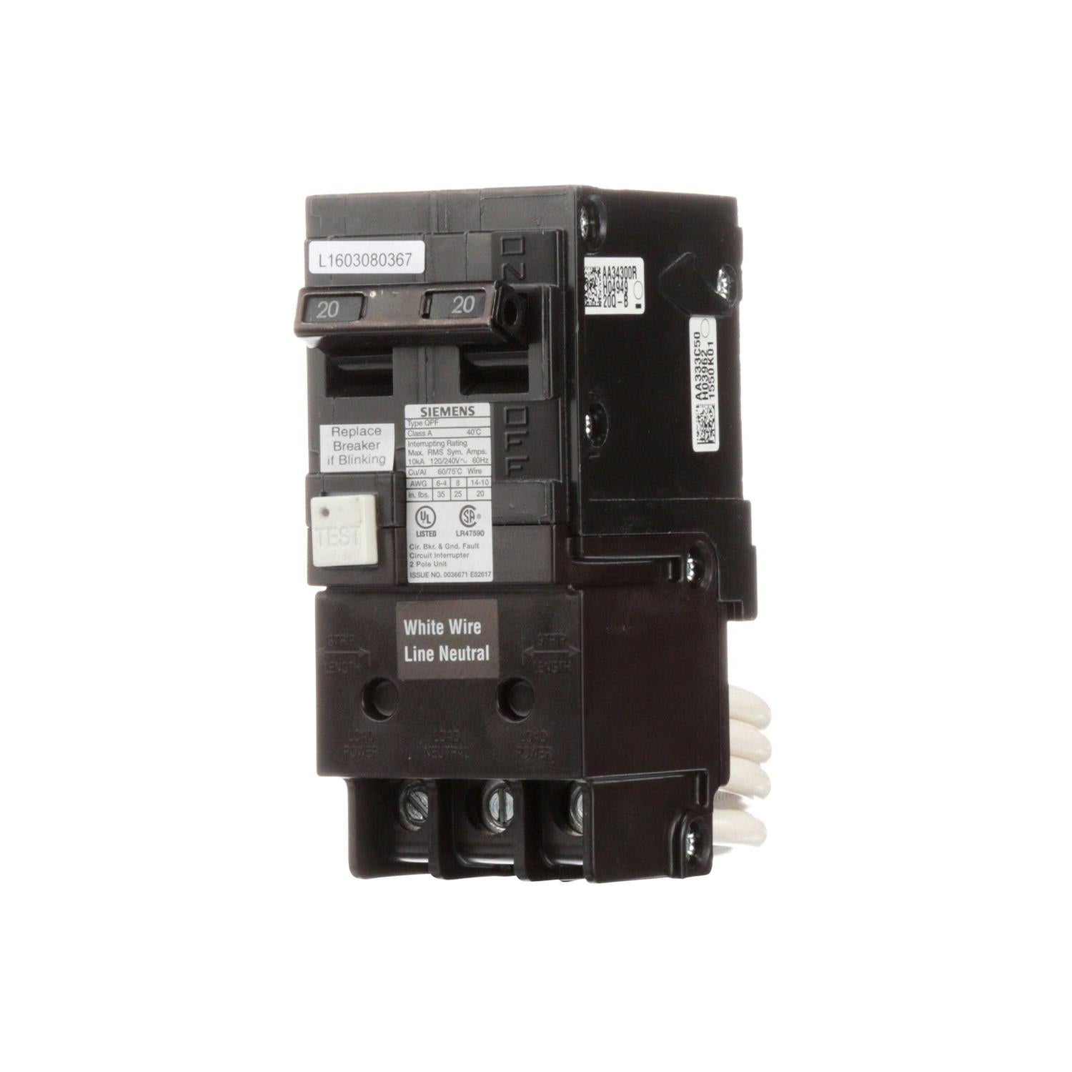 Siemens 20 Amp Double Pole Type QPF2 GFCI Circuit Breaker C1025