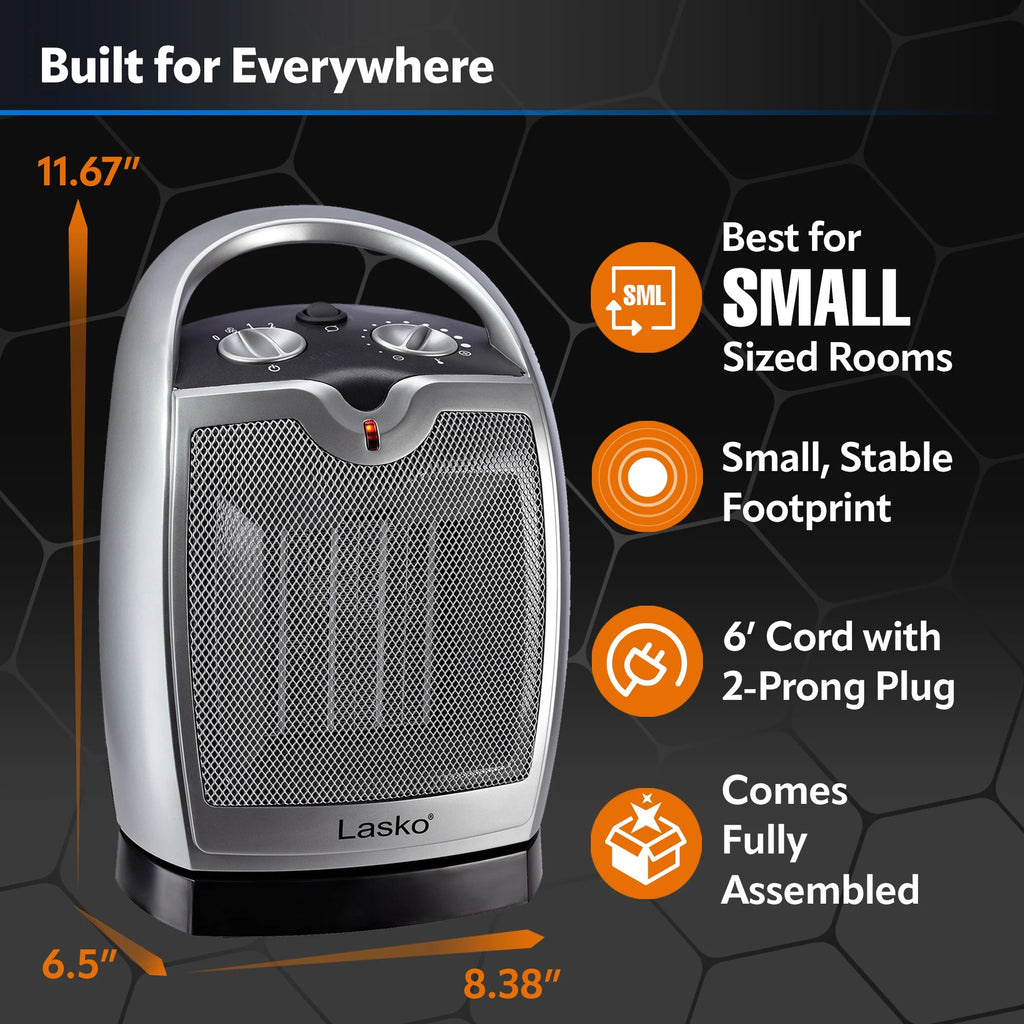 Lasko 12" 1500W Oscillating Ceramic Tabletop Space Heater with Thermostat, Gray K70412
