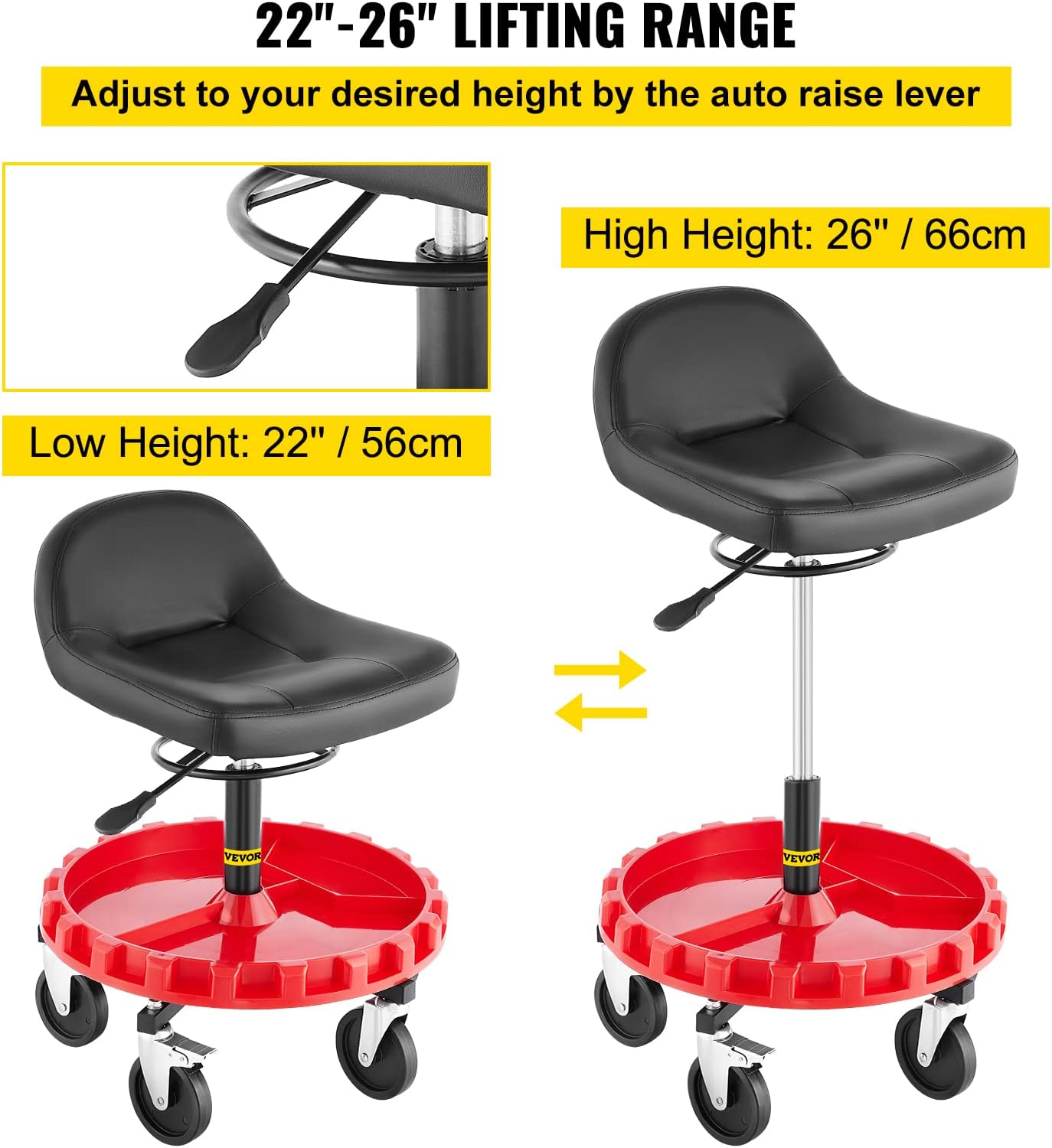 VEVOR Pneumatic Stool, 400 LBS Rolling Garage Seat, Adjustable Height with Parts Tray W44343