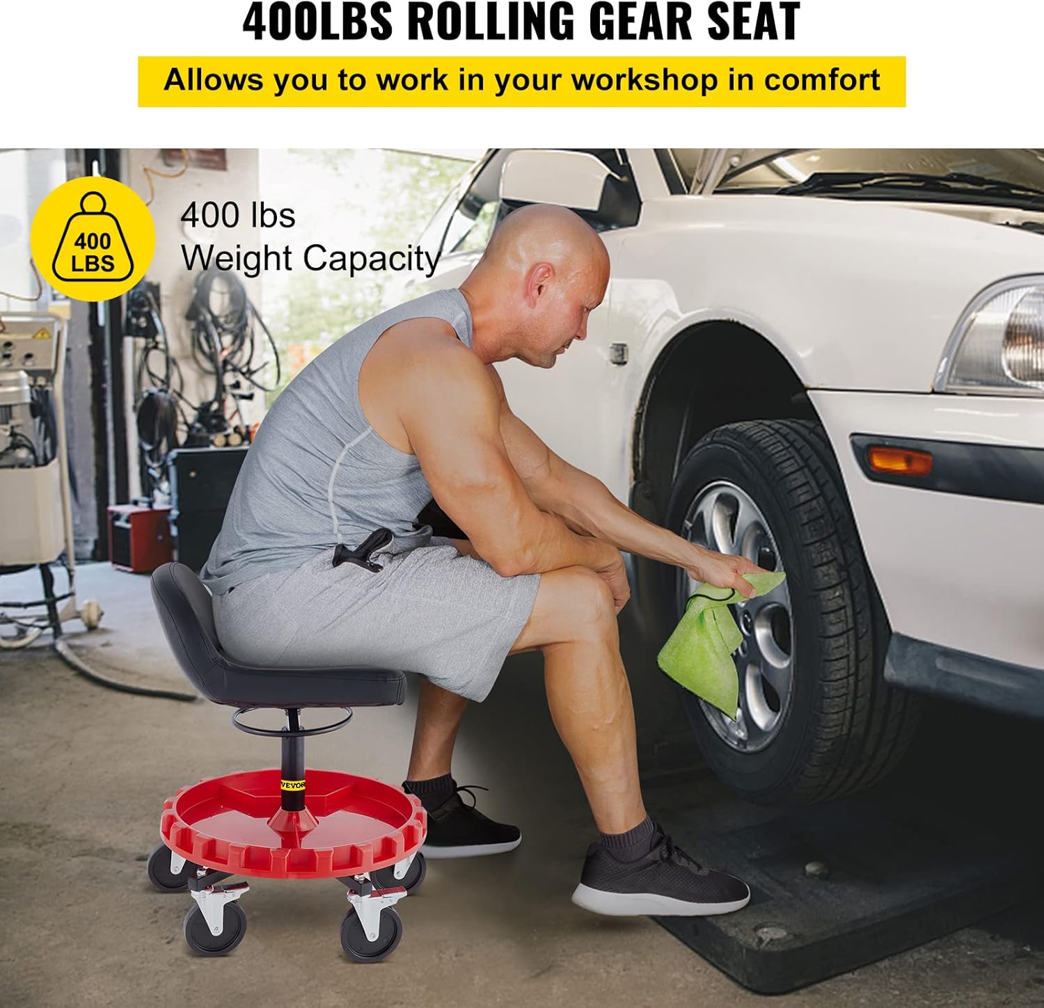 VEVOR Pneumatic Stool, 400 LBS Rolling Garage Seat, Adjustable Height with Parts Tray W44343