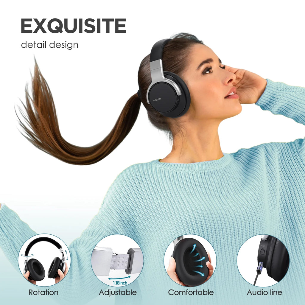 AUSDOM E7 Active Noise Cancelling Wireless Over Ear Headphones with Mic, Black D162