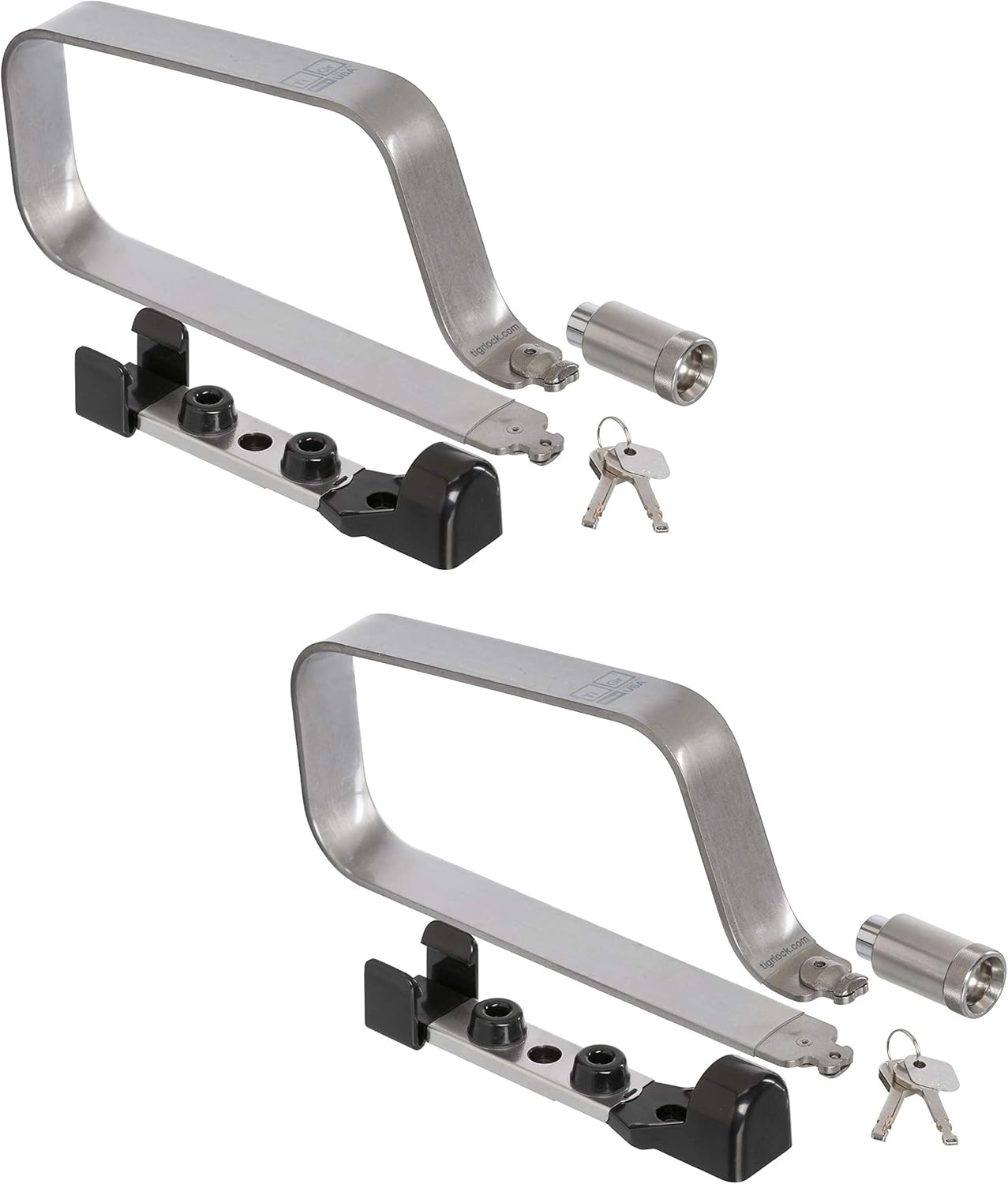 TiGr Mini+ 2-Pack Titanium Bike Locks. This Bicycle U Lock with 2 Mounting Clips are Heavy Duty, Lightweight & High Security. Features Disc-Style U-Locks with 4 Keys (4"/102mm Wide, 8"/203mm Long)
