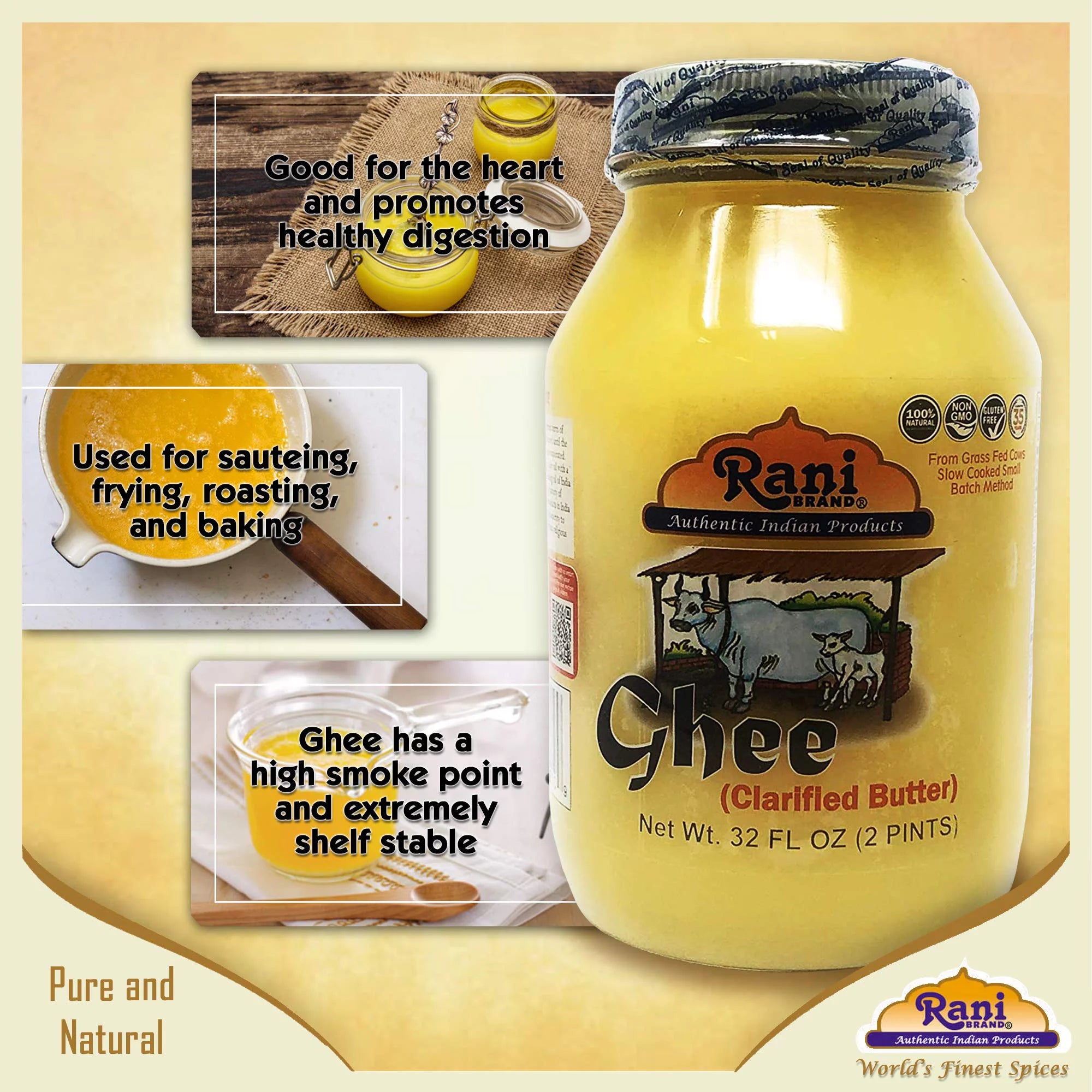 Rani Ghee Pure & Natural from Grass Fed Cows Clarified Butter 32oz Glass Jar H3910