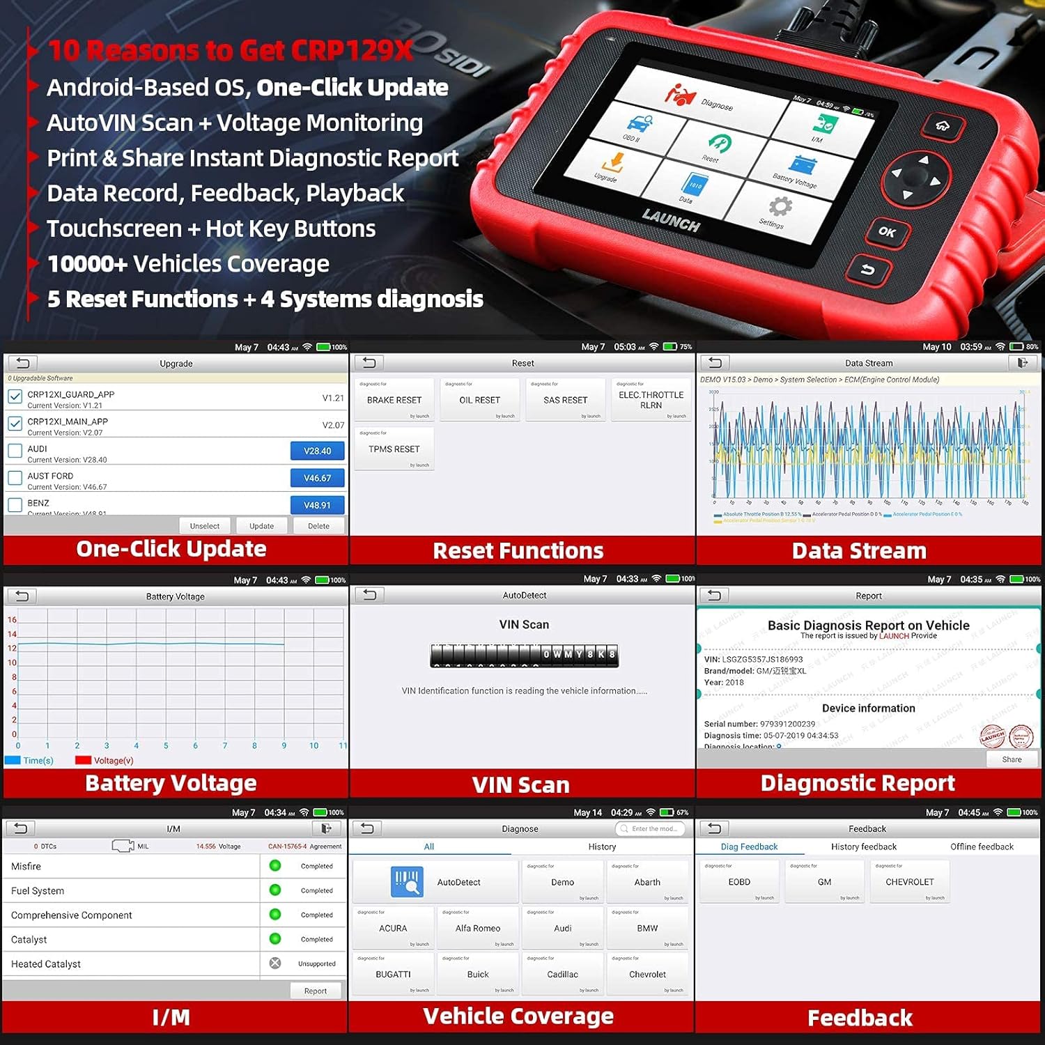 LAUNCH CRP129X OBD2 Scanner, Car Diagnostic Tool with ABS SRS and Reset Functions F22247