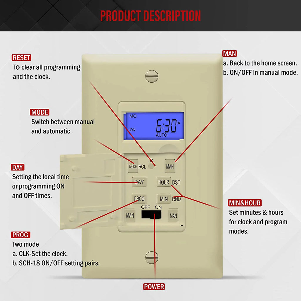 ENERLITES Digital In-Wall Programmable Timer Switch, Single Pole, Neutral Wire Required, 7-Day, Ivory M22161