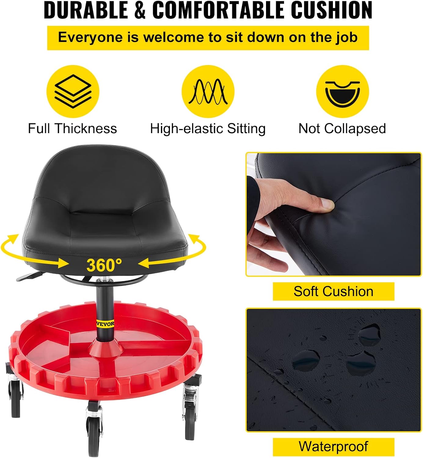 VEVOR Pneumatic Stool, 400 LBS Rolling Garage Seat, Adjustable Height with Parts Tray W44343