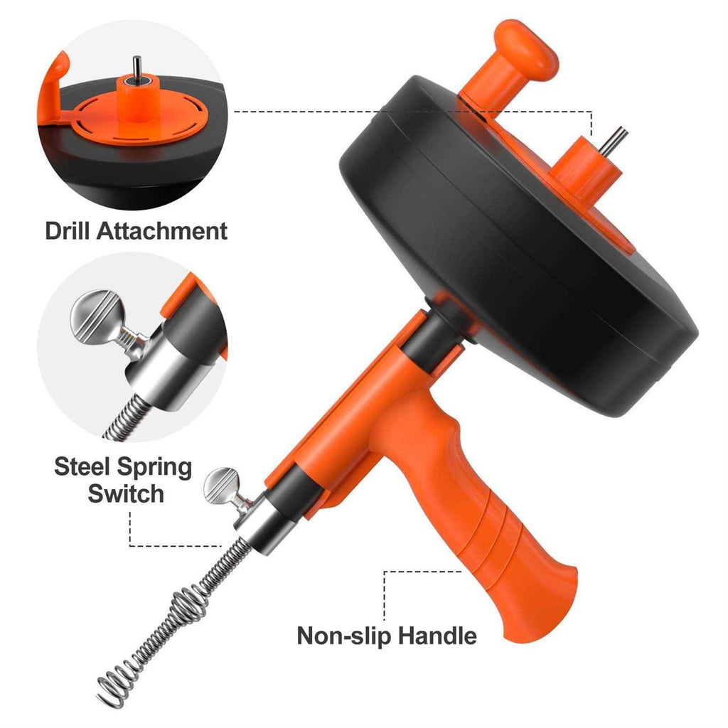 Drain Auger Plumbing Snake with Drill Adapter, Heavy Duty Flexible Steel N9901