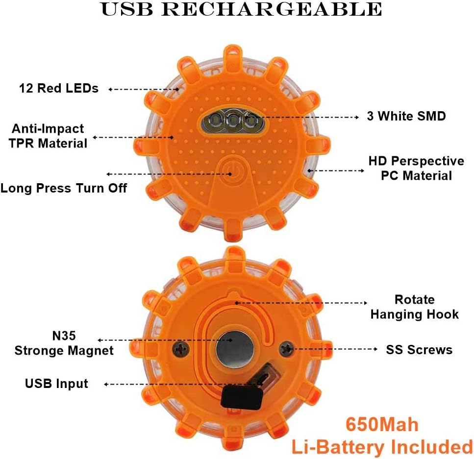 USB Rechargeable LED Road Flares Emergency Kit with Magnetic Hazard Lights and Window Breaker Z436157