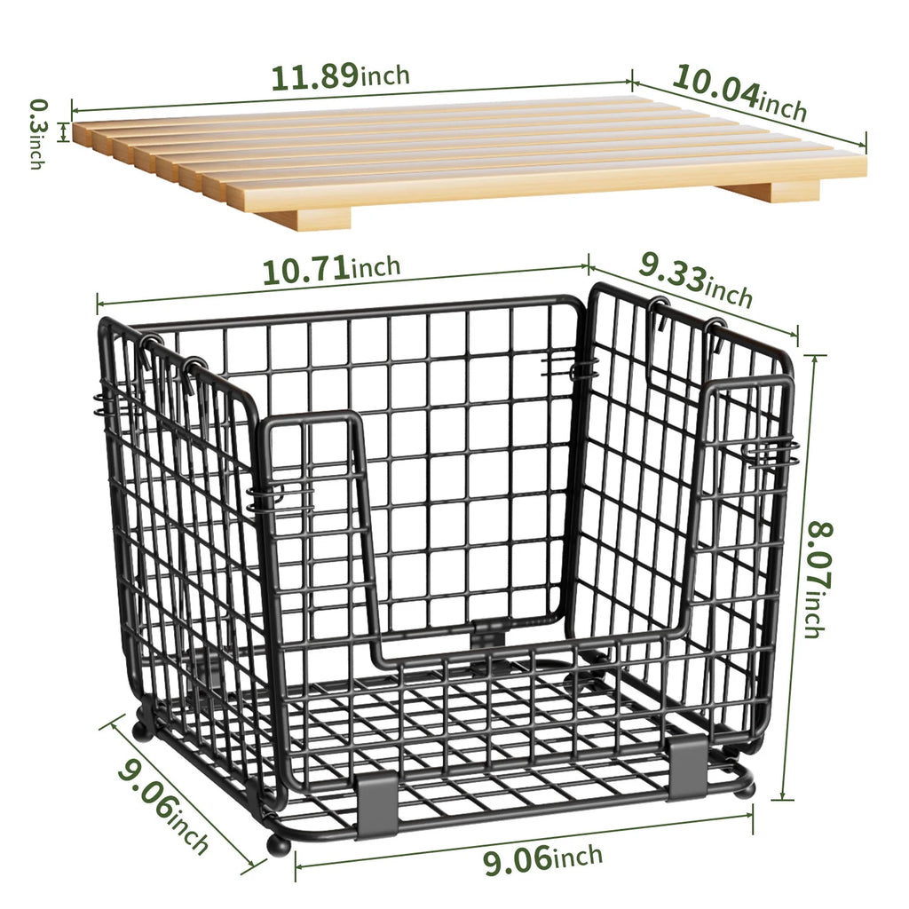 TINANA Stackable Fruit Baskets with Bamboo Top, 2 Pack, Black W1664